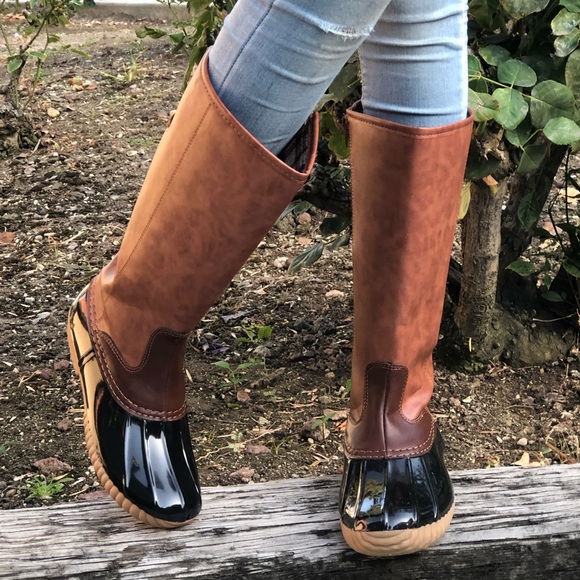 Vegan Leather tan and Black Tall Duck Rain Boots - Picture 4 of 8